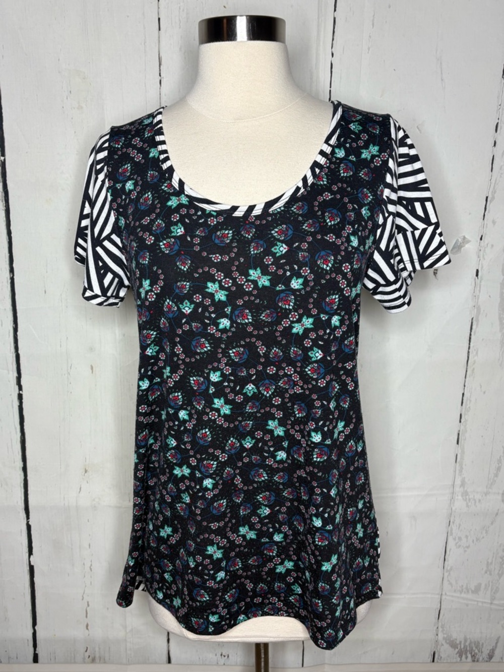 LuLaRoe Black Floral Scoop Neck Top with Striped Sleeves